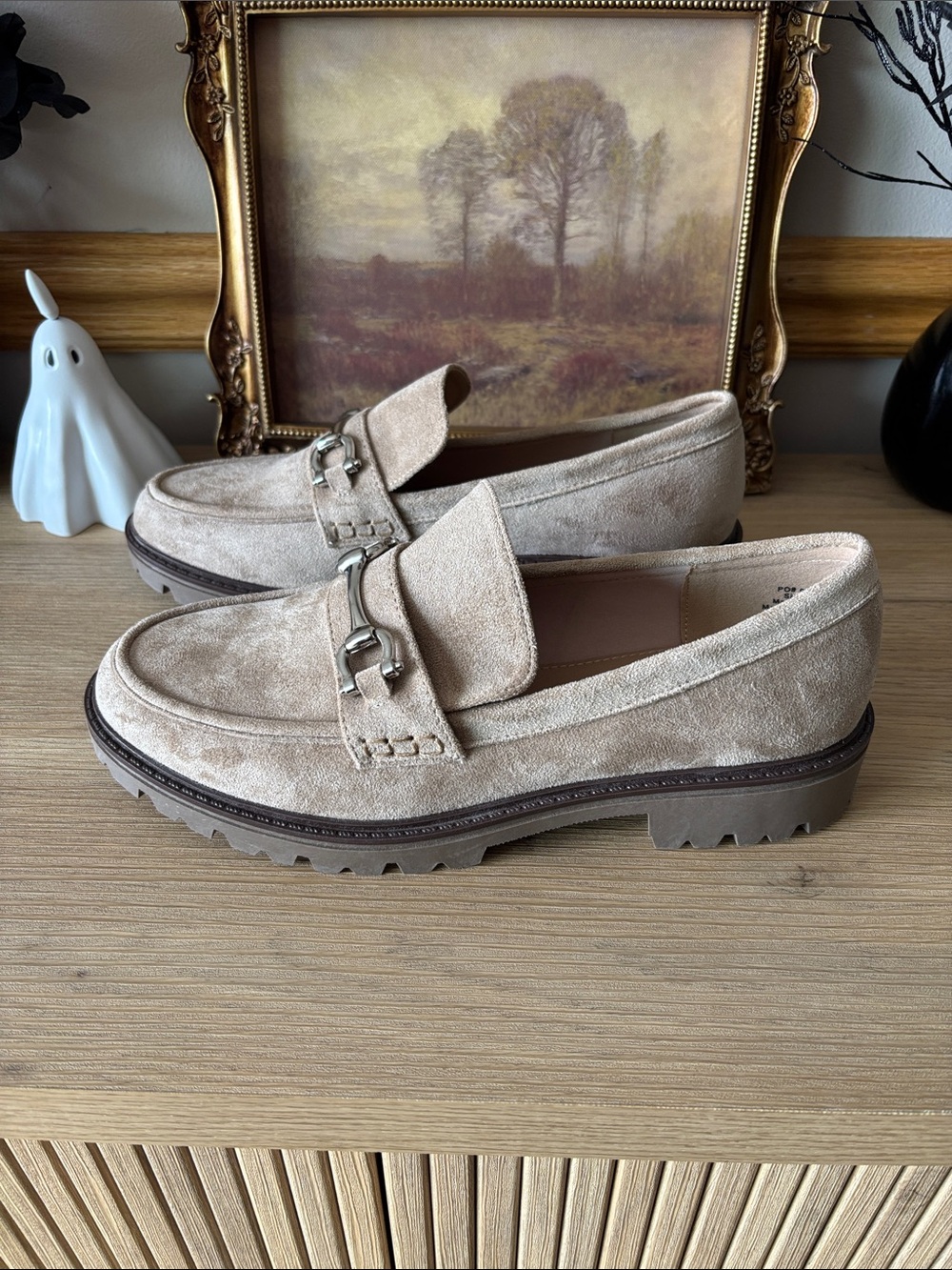 Journee Collection Beige Suede Lug-Sole Loafers